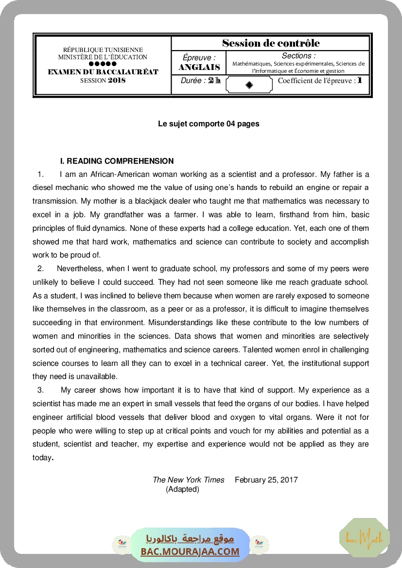 Corrigé controle anglais Bac 2018 – Section math